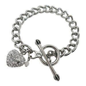 NWT Juicy Couture Pave Heart Charm Bracelet Silvertone Toggle Closure